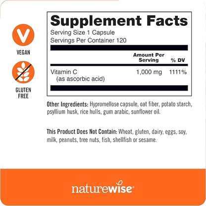 NatureWise Vitamin C 1000mg Capsules - Extra Strength Dietary Supplement for Daily Immune Support & Collagen Synthesis - Vegan, Non-GMO, Gluten Free - 120 Count[4-Month Supply]