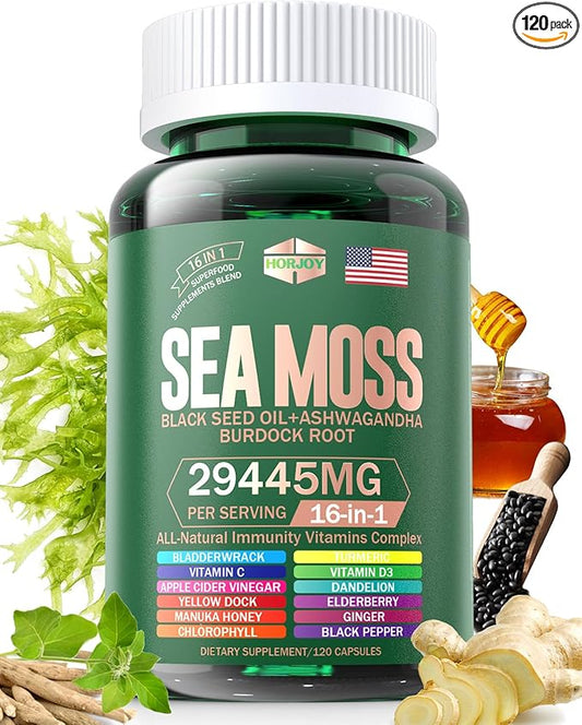 Sea Moss 12000mg Black Seed Oil 6000mg Ashwagandha 3000mg Turmeric 1000mg Bladderwrack 2000mg Burdock 3000mg & Vitamin C & D3 with Elderberry Manuka Dandelion Yellow Dock Iodine Chlorophyll ACV