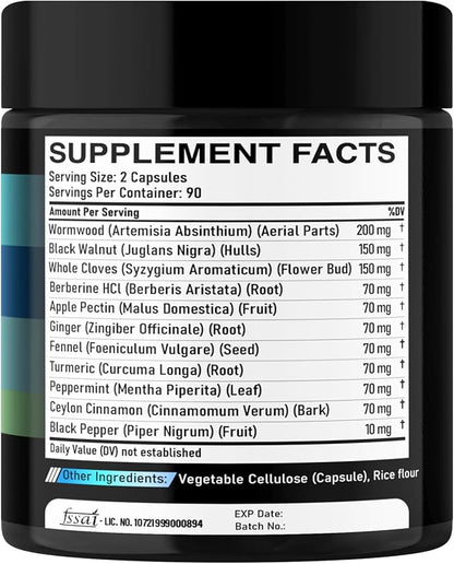 11in1 Wormwood Capsules - 180 Capsules Extracted from Black Walnut, Cloves, Ginger, Turmeric, Apple, Berberine HCl & More - Support Comfortable Digestive, Immune System for 3 Months