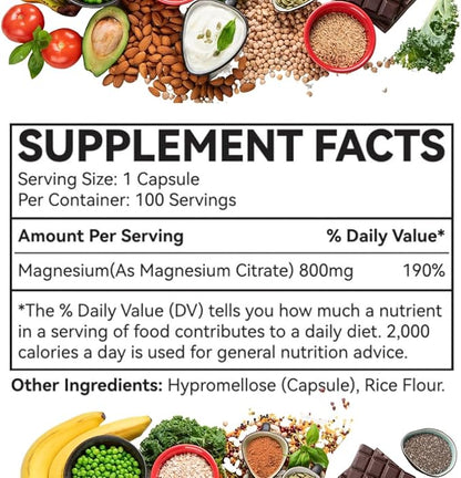 Magnesium Citrate Capsules- Dietary Supplement to Support Bone Health, Muscle Function and Relaxation, High Absorption Magnesium Supplement - GMO, Soy and Gluten Free- 100 Count, 800mg