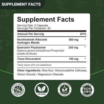 Airboy NAD+ Supplement with Nicotinamide Riboside Resveratrol & Quercetin 900 mg, NMN Alternative for Men and Women Support Anti-Aging, Energy, Focus - 80 x 2 Pack Capsules