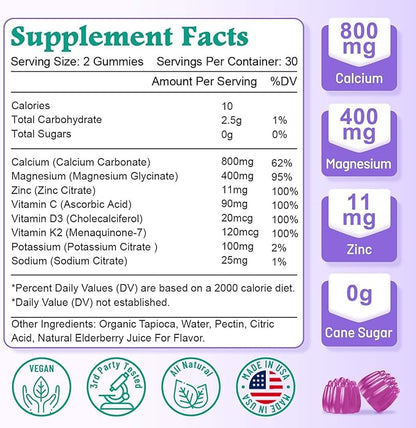 High Absorption Calcium Gummies, Sugar Free Calcium Magnesium Supplement with Potassium Vitamin D3 for B0ne & Teeth Strength, Muscle Function - Vegan, Elderberry Flavor 120 Cts