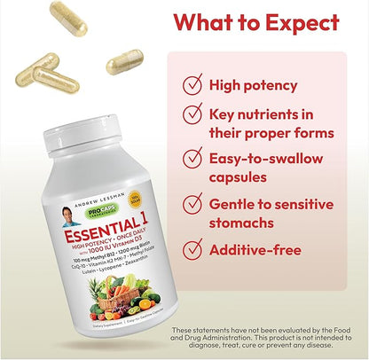 ANDREW LESSMAN Essential-1 Multivitamin 1000 IU Vitamin D3 180 Small Capsules - 100 mcg Methyl B12. CoQ10 Lutein Lycopene Zeaxanthin. High Potency. No Additives. Ultra-Mild. One Daily Capsule