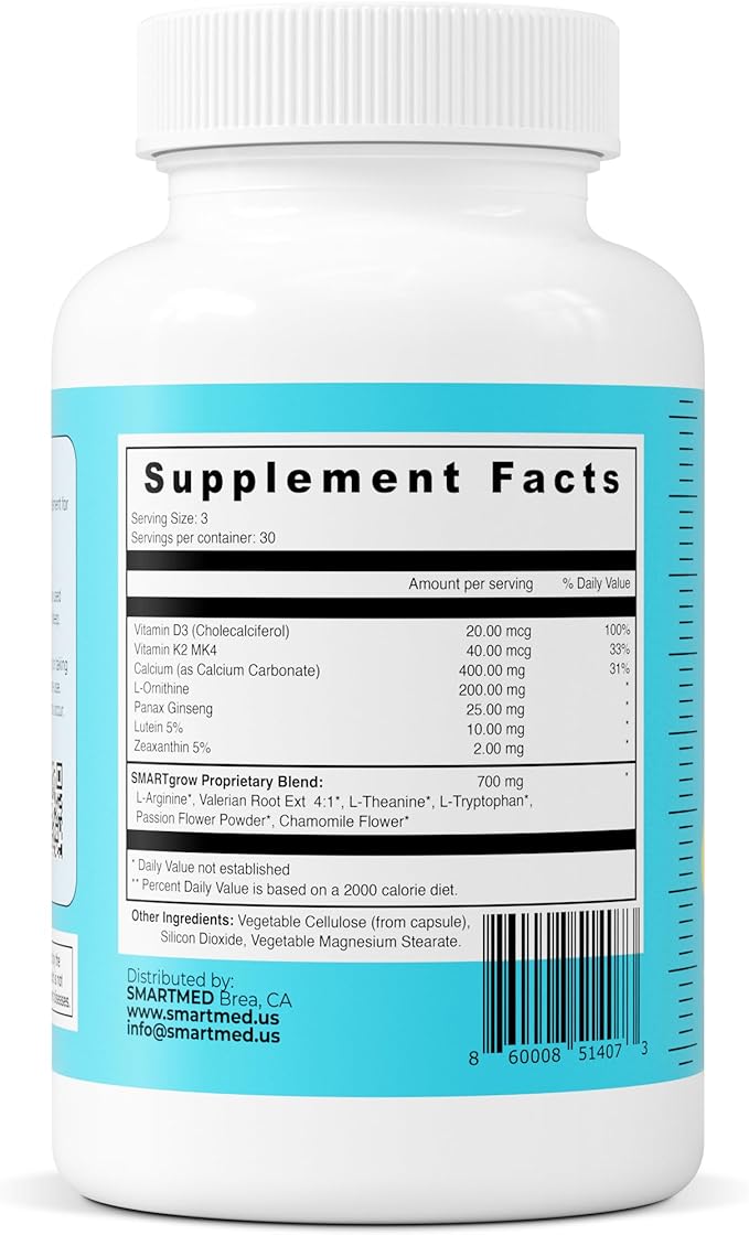 SMARTGROW 5-in-1 Premium Height Growth - Calcium, Vitamin D3, L-arginine - Sleep Aid for Maximum Growth, Immunity Support, Brain Health, Bone Strength, Eye Health (90 Count (Pack of 2))