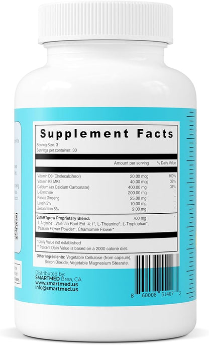 SMARTGROW 5-in-1 Premium Height Growth - Calcium, Vitamin D3, L-arginine - Sleep Aid for Maximum Growth, Immunity Support, Brain Health, Bone Strength, Eye Health (90 Count (Pack of 2))