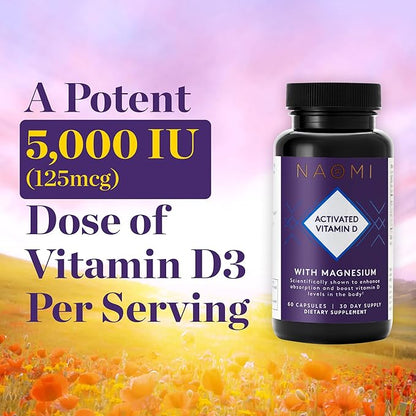 NAOMI Activated Vitamin D3 5000 IU (125 mcg) Supplement with Magnesium for Strong Bones, Teeth, Muscle, Immune and Mood Support, Non-GMO, Gluten Free, 60 Veggie Caps, 30 Day Supply