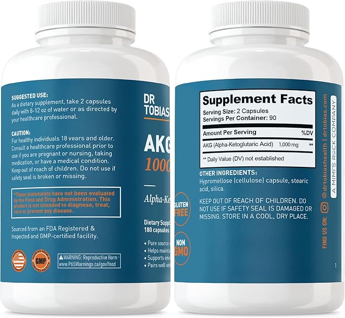 Dr. Tobias AKG Supplement & Vegan Omega 3 Algae Oil, Support Cellular Energy & Overall Health with AKG, EPA & DHA, Vegan, Gluten-Free, Non-GMO