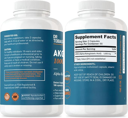 Dr. Tobias AKG Supplement & Vegan Omega 3 Algae Oil, Support Cellular Energy & Overall Health with AKG, EPA & DHA, Vegan, Gluten-Free, Non-GMO