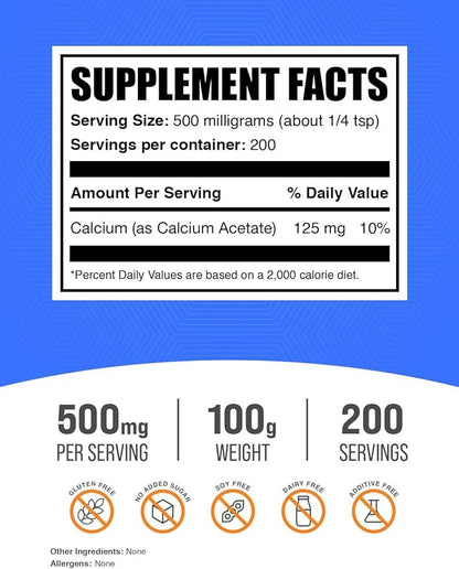 BulkSupplements.com Calcium Acetate Powder - Calcium Supplement - Food Grade & Gluten Free, 500mg (125mg Calcium) per Serving, 100g (3.5 oz) (Pack of 1)