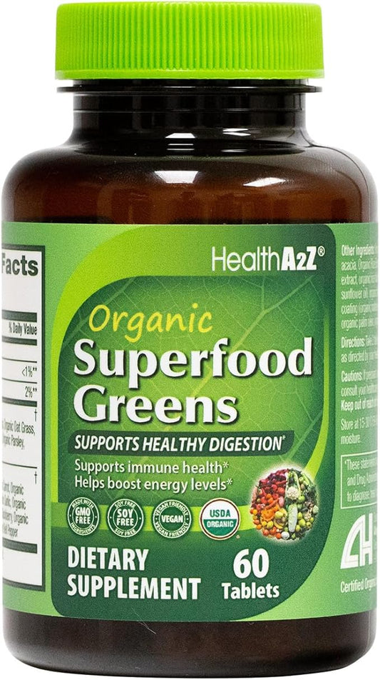 HealthA2Z® Organic Superfood Greens | 60 Tablets | Greens Blend 720mg | Fruits & Veggies Blend 580mg | Alfalfa, Broccoli, Spinach, Spirulina, Apple, Beet Root, Strawberry & Much More!