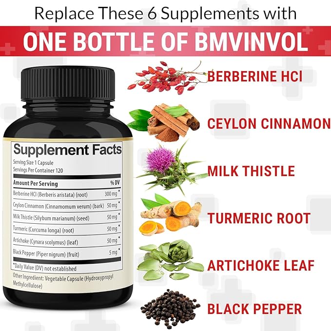 BMVINVOL 6in1 Berberine Supplement with Ceylon Cinnamon, Tumeric Root, Milk Thistle, Artichoke, Black Pepper -120 Capsules for 4 Month Supply