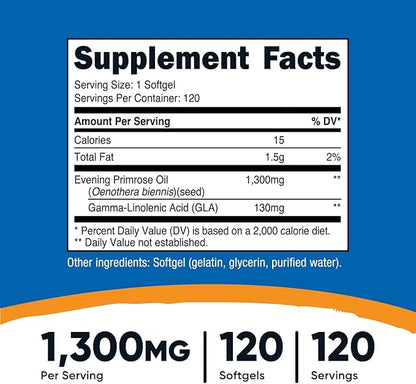 Nutricost Evening Primrose Oil 1,300mg, 120 Softgels - Cold Pressed, Non-GMO, Gluten Free, 120 Servings