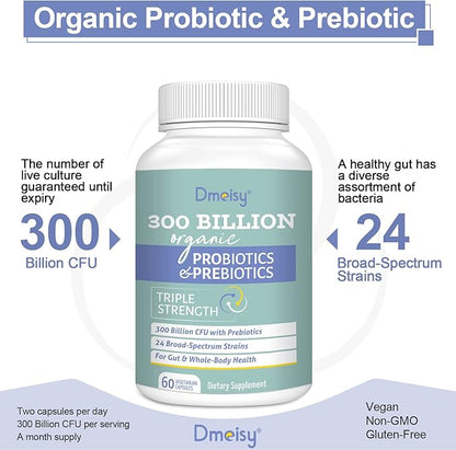 Probiotics for Women and Men, 300 Billion CFU 24 Strains Probiotics + 15 Organic Herbs Prebiotics Blend, Shelf Stable Gut Health Supplement for Digestive Immune & Whole-Body Health, 2 Month Supply