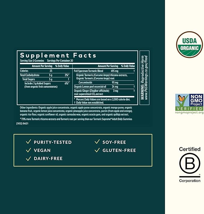 Gaia Herbs Turmeric Supreme Extra Strength Gummies - Supports Swelling Relief to Help Maintain an Active Lifestyle - Lemon Ginger Flavor - 60 Vegan Organic Gummies (20-Day Supply)