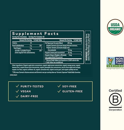 Gaia Herbs Turmeric Supreme Extra Strength Gummies - Supports Swelling Relief to Help Maintain an Active Lifestyle - Lemon Ginger Flavor - 60 Vegan Organic Gummies (20-Day Supply)