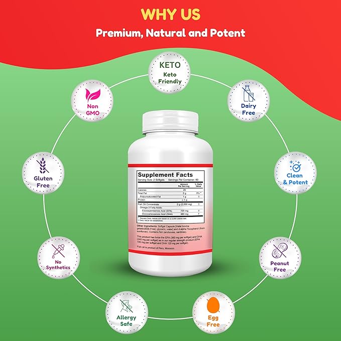 Halal Fish Oil Softgels 120 Ct, Double Strength - Halal Omega 3 Fish Oil Supplements. Wild Caught, Non-GMO & Purified