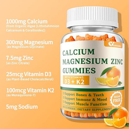 (2 Pack) Calcium Magnesium Zinc Gummies with Vitamin D3 & K2 - Sugar Free Calcium Gummies for Women and Men - Bone & Immune Support - Non-GMO, Gluten-Free, Orange Flavored - 120 Count