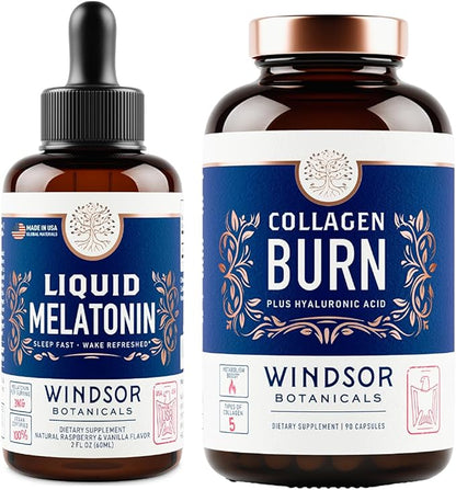 WINDSOR BOTANICALS Liquid Melatonin 3mg and Thermogenic Multi Collagen Burn Capsules - Beauty and Sleep Support Bundle