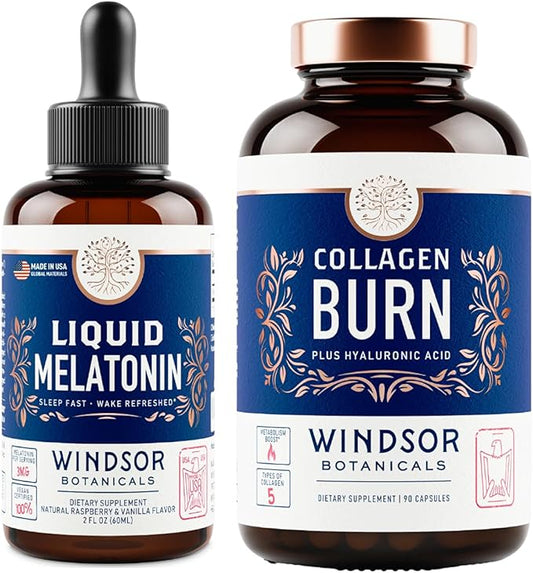 WINDSOR BOTANICALS Liquid Melatonin 3mg and Thermogenic Multi Collagen Burn Capsules - Beauty and Sleep Support Bundle