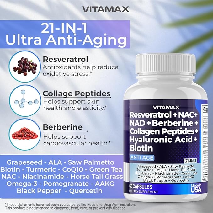 Resveratrol NAD+ Berberine Hyaluronic Acid - Biotin Grape & Blueberry + NAC - Collagen Peptides - Hair, Nail, Skin & Joint Supplement - 21-in-1 Women and Men - Made in USA (60 Count (Pack of 1)