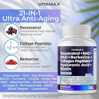 Resveratrol NAD+ Berberine Hyaluronic Acid - Biotin Grape & Blueberry + NAC - Collagen Peptides - Hair, Nail, Skin & Joint Supplement - 21-in-1 Women and Men - Made in USA (60 Count (Pack of 1)
