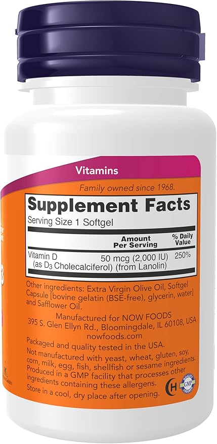 NOW Foods Supplements, Vitamin D-3 2,000 IU, High Potency, Structural Support*, 240 Softgels