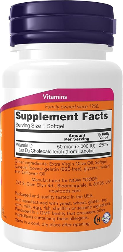 NOW Foods Supplements, Vitamin D-3 2,000 IU, High Potency, Structural Support*, 240 Softgels