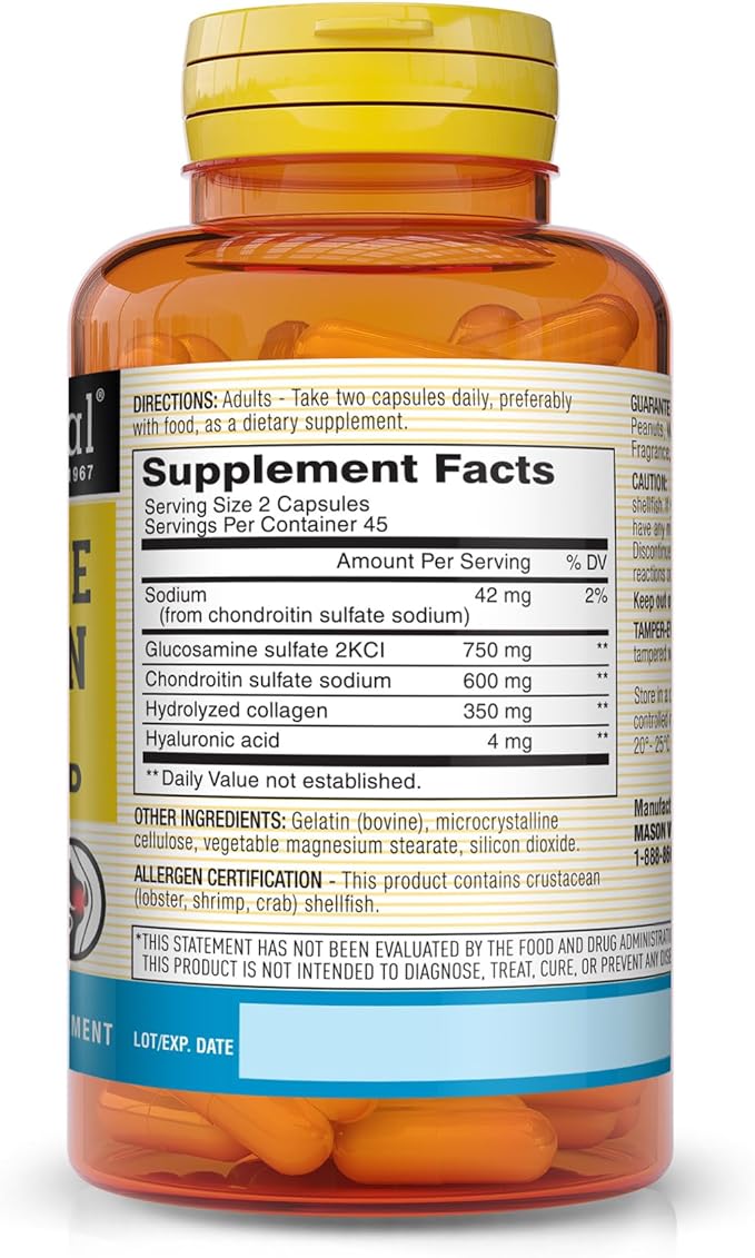 MASON NATURAL Glucosamine Chondroitin with Collagen & Hyaluronic Acid, 45-Day Supply Capsules for Normal Joint, Mobility, Flexibility, & Aging Support