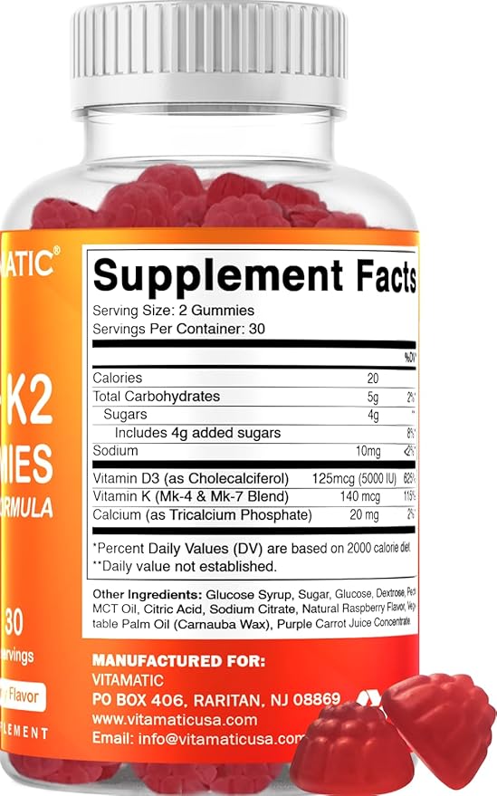 Vitamatic Vitamin D3 & K2 Gummies (2-Pack, 60 Count) Supports Healthy Bones, Heart Health, Calcium Absorption, and Immune Function Plant-Based, Non-GMO, Gluten-Free