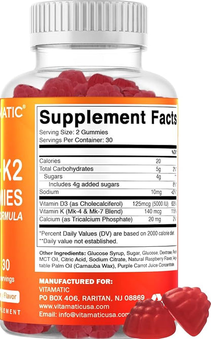 Vitamatic Vitamin D3 & K2 Gummies (2-Pack, 60 Count) Supports Healthy Bones, Heart Health, Calcium Absorption, and Immune Function Plant-Based, Non-GMO, Gluten-Free