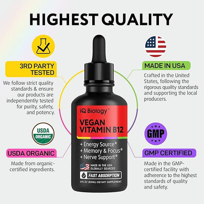 Vegan Vitamin B12 - Vit B 12 Liquid Drops Sublingual 5000mcg - USDA Organic Methyl B-12 for Men and Women - Methylcobalamin Energy Supplement for Immunity, Metabolism & Health Support - Made in USA