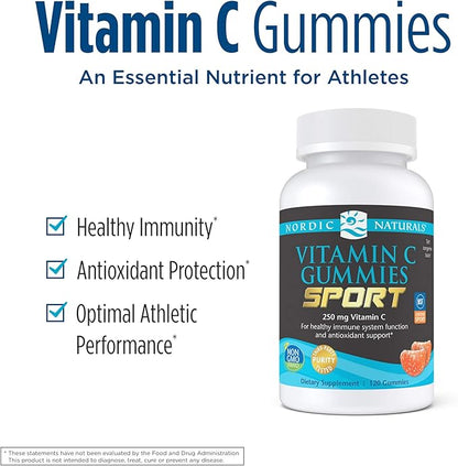 Nordic Naturals Vitamin C Gummies Sport, Tart Tangerine - 120 Gummies - 250 mg Vitamin C - Antioxidant Protection - NSF Certified - Non-GMO, Vegan - 60 Servings