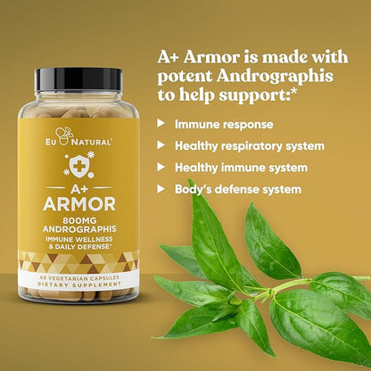 Eu Natural A+ Armor Andrographis Pure 800 Mg – Healthy Immune System Function, Physical Wellness, Potent Strength for Seasonal Protection – Full-Spectrum & Standardized – 60 Vegan Soft Capsules