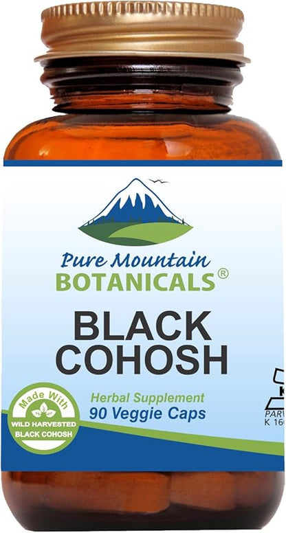 Pure Mountain Botanicals Black Cohosh Capsules - 90 Kosher Vegan Caps - Now with 500mg Wild Black Cohosh Root - Natures Support for Menopause