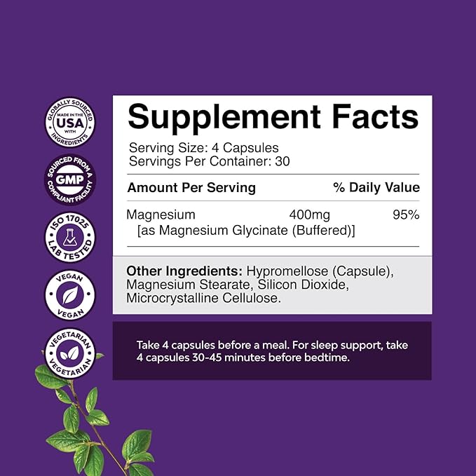 Pure Magnesium Glycinate 400mg Per Serving - Vegan High Absorption Chelated Magnesium Capsules for Women & Men 400mg for Mood Sleep and Relaxation Support - 30 Servings