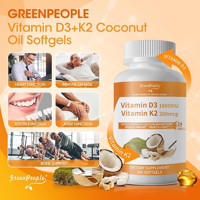 Vitamin D3 10,000 IU + K2 (MK-7) 200mcg w/Coconut Oil Softgels | 300-Count 2-in-1 Vegan vitamina d3 con k2 for Bone Health & Immune Support |Enhanced Absorption, Non-GMO, Easy to Swallow