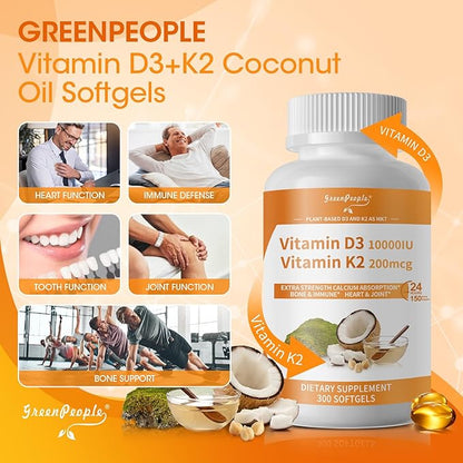 Vitamin D3 10,000 IU + K2 (MK-7) 200mcg w/Coconut Oil Softgels | 300-Count 2-in-1 Vegan vitamina d3 con k2 for Bone Health & Immune Support |Enhanced Absorption, Non-GMO, Easy to Swallow