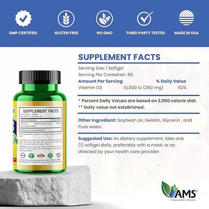 America Medic & Science Xtra D3 Vitamin D 10,000 IU (250 mcg) Cholecalciferol Supplement for Men & Women (60 Easy to Swallow Softgels) Best for Bone, Heart Health, Immune System Support, Lung Function