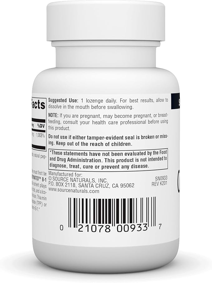 Source Naturals Coenzymated B-1 25mg Fast Acting Thiamin Cocarboxylase Quick-Dissolve - 60 Lozenges