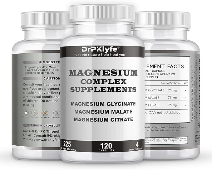 Board Certified Internist's Recommendation: Magnesium Complex Capsule| Glycinate |Malate|Citrate for Optimal Health|225mg, 4 Months Supply for Heart, Muscle & Bone Health - DrPKLyfe