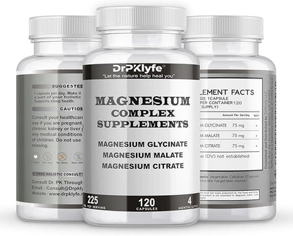 Board Certified Internist's Recommendation: Magnesium Complex Capsule| Glycinate |Malate|Citrate for Optimal Health|225mg, 4 Months Supply for Heart, Muscle & Bone Health - DrPKLyfe