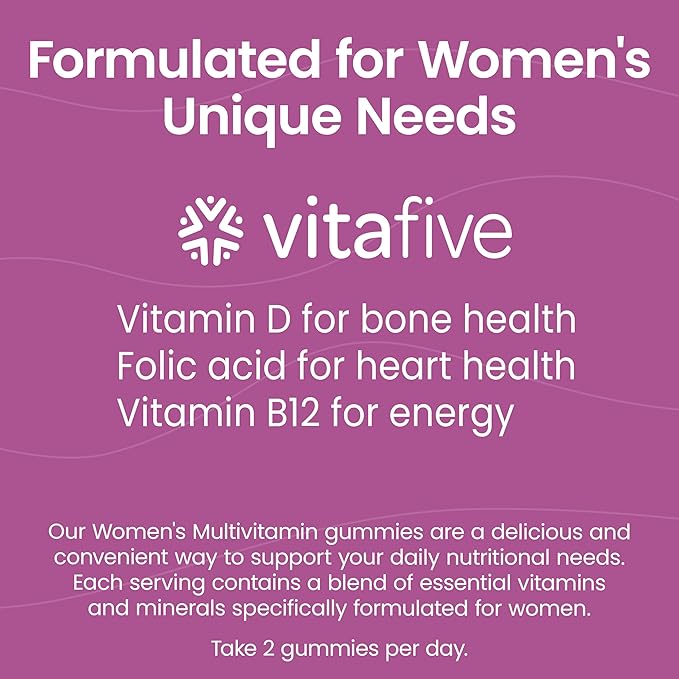 vitafive Women's Multivitamin Gummies, Best Multivitamin for Women with Biotin, D3, B12, Zinc, Low Sugar, Gluten Free (50 Ct)