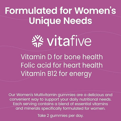 vitafive Women's Multivitamin Gummies, Best Multivitamin for Women with Biotin, D3, B12, Zinc, Low Sugar, Gluten Free (50 Ct)