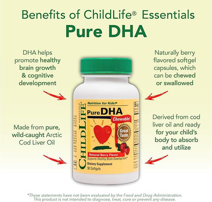 CHILDLIFE ESSENTIALS Pure DHA for Kids - DHA Supplements, DHA EPA Omega 3 Supplement, Children DHA Chewables, Baby DHA, Fish Oil for Toddlers, Gluten Free - Natural Berry, 90 Softgels (Pack of 3)