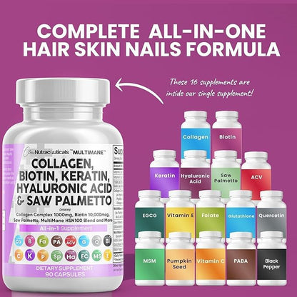 Clean Nutraceuticals Collagen Pills 1000mg Biotin 10000mcg Keratin Saw Palmetto Hyaluronic Acid - Hair Skin & Nails Vitamins & DHT Blocker with Vitamin E Folic Acid Pumpkin Seed MSM - 90 Count