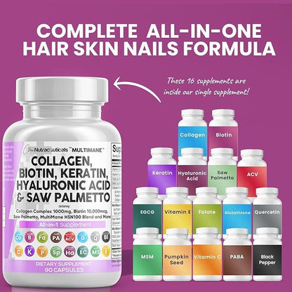 Clean Nutraceuticals Collagen Pills 1000mg Biotin 10000mcg Keratin Saw Palmetto Hyaluronic Acid - Hair Skin & Nails Vitamins & DHT Blocker with Vitamin E Folic Acid Pumpkin Seed MSM - 90 Count
