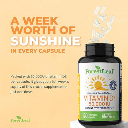 ForestLeaf Vitamin D3 50,000 IU | VIT D - VIT D3 Vitamin D Supplement for Women and Men | Bone Health, Teeth, Immune Support | Easy to Swallow Pills | High Potency WEEKLY Dose, 2-Year Supply, 120 Caps