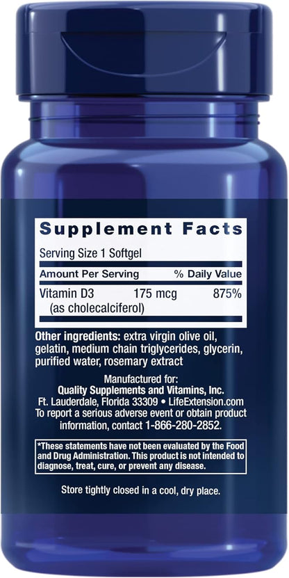 Life Extension Vitamin D3 175 mcg (7000 IU), Immune System Support, Bone Health, Brain Performance, Gluten-Free, Non-GMO, Once Daily, Two-Month Supply, 60 softgels