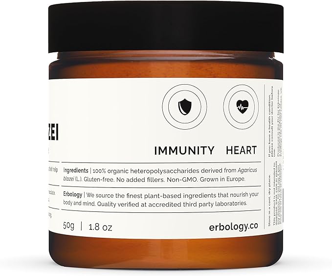 Erbology Organic Agaricus Blazei Mushroom Powder 50 Servings - 25% Beta-glucans - Immunity and Heart - Small Batch - Sustainably Grown in Europe - Vegan - Non-GMO - No Added Fillers