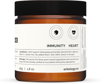 Erbology Organic Agaricus Blazei Mushroom Powder 50 Servings - 25% Beta-glucans - Immunity and Heart - Small Batch - Sustainably Grown in Europe - Vegan - Non-GMO - No Added Fillers
